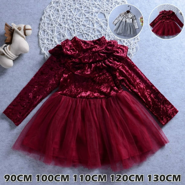 Red Velvet Baby Grils Party Dresses Princess Ball Gown Kids Clothes Lace Lantern Sleeve Children Clothes Solid Toddler Dress